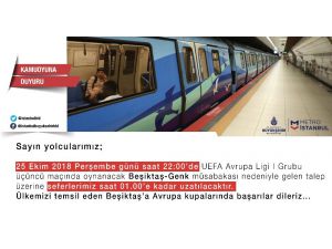 Beşiktaş - Genk Maçı Sebebiyle İbb Metro Seferlerini Uzattı