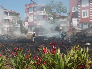 Antalya'da villa tipi evlerin bulunduğu tatil bölgesinde sazlık yangını