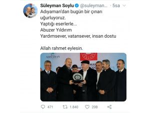 Bakan Soylu’dan Abuzer Yıldırım İçin Başsağlığı Mesajı