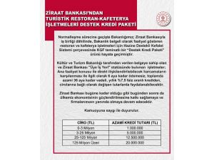 Kültür Ve Turizm Bakanı Mehmet Nuri Ersoy: "Kültür Ve Turizm Bakanlığından İşletme Belgeli Restoranlar Ve Kafeler İçin Ziraat Bankası’yla Bir Kredi Çalışması Yaptık. Pazartesi Gününden İtibaren Hayata Geçiriyoruz. 1 Mil