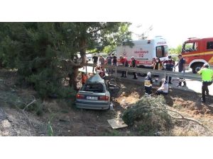 Kontrolden Çıkan Otomobil Orta Refüjdeki Ağaca Çarptı: 3 Yaralı