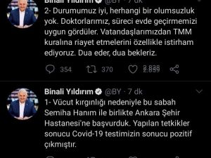 Binali Yıldırım: "Vücut Kırgınlığı Nedeniyle Bu Sabah Semiha Hanım İle Birlikte Ankara Şehir Hastanesine Başvurduk. Yapılan Tetkikler Sonucu Covid-19 Testimizin Sonucu Pozitif Çıkmıştır."