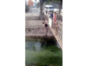 Çocuğun tehlikeli kanal eğlencesini hem kaydetti, hem de ‘maşallah’ diyerek destekledi