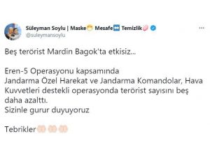 İçişleri Bakanı Soylu: "Eren-5 Operasyonu Kapsamında Jandarma Özel Harekat Ve Jandarma Komandolar, Hava Kuvvetleri Destekli Operasyonda Terörist Sayısını 5 Daha Azalttı."