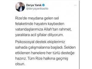 Bakan Yanık’tan Rize’de Selde Hayatını Kaybeden Vatandaşlar İçin Başsağlığı Mesajı