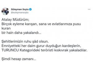 İ̇çişleri Bakanı Soylu, Turuncu Kategoriden Bir Teröristin Daha Yakalandığını Duyurdu