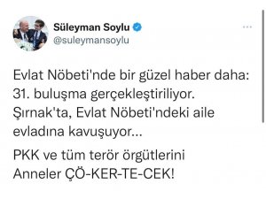 Bakan Soylu: “Şırnak’ta Evlat Nöbetindeki Aile Evladına Kavuşuyor”