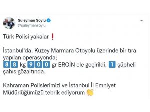 İçişleri Bakanı Soylu, İstanbul’da gerçekleştirilen bir operasyonda 88 kilogramı aşkın eroinin ele geçirildiğini duyurdu