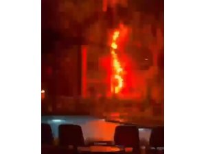 Yıldırımın düştüğü otel bahçesindeki ağaç alev alev yandı