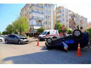 Takla atan araçtan burnu bile kanamadan çıktılar