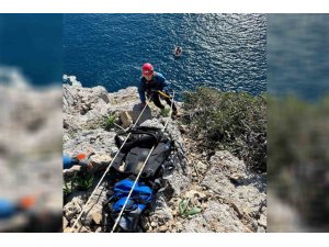 MERSİN’DE SARP KAYALIKLARDA MAHSUR KALAN KEÇİ NEFES KESEN OPERASYONLA KURTARILDI