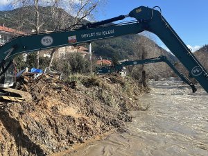 TAŞAN ÇAYDAKİ İŞLETME YIKILDI, SULARA KAPILMAK ÜZERE OLAN BİR KÖPEK SON ANDA KURTARILDI