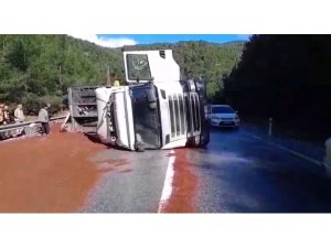 PEYZAJ MALZEMESİ YÜKLÜ TIR DEVRİLDİ