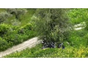 AĞAÇ ALTINDA GİZLENMEYE ÇALIŞAN GÖÇMENLER DRONLA YAKALANDI