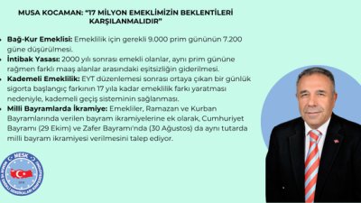 MUSA KOCAMAN: “17 MİLYON EMEKLİMİZİN BEKLENTİLERİ KARŞILANMALIDIR”