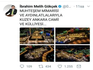 Melih Gökçek’ten "Kuzey Ankara Camii ve Külliyesi" paylaşımı