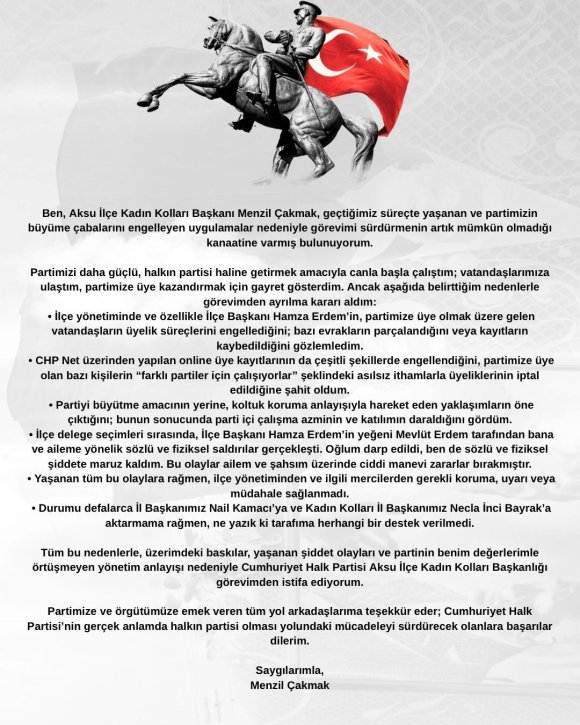 CHP AKSU KADIN KOLLARI BAŞKANI MENZİL ÇAKMAK GÖREVİNDEN İSTİFA ETTİ