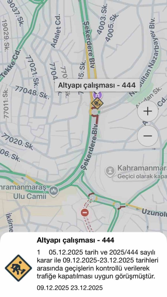 KAHRAMANMARAŞ’TA ÇALIŞMA YAPILAN YOLLAR "KMBB CEP TRAFİK" MOBİL UYGULAMASINDA
