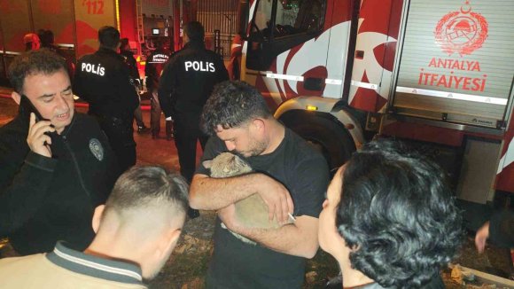 KORKUTAN YANGINDA MAHSUR KALAN KEDİYİ İTFAİYE KURTARDI