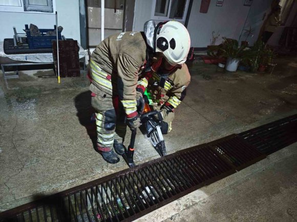 SU GİDERİNE YAVRULAYAN ANNE KEDİ VE YAVRULARINI İTFAİYE KURTARDI